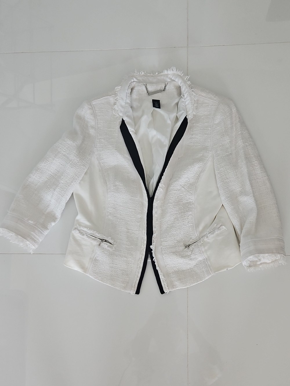 White House Black Market White Blazer with Black Trim Accents